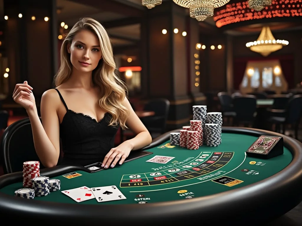 Tampilan dealer dan meja kartu pada kasino live