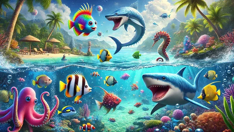 Tampilan permainan tembak ikan dengan target bawah laut